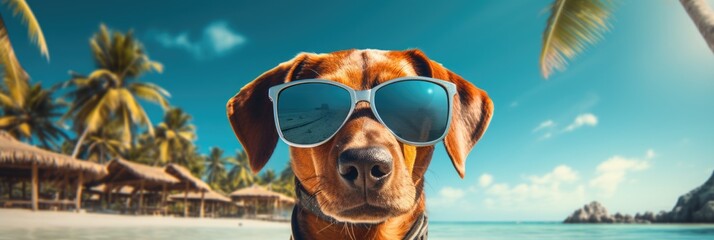 Portrait of young dog with sunglasses at tropical beach