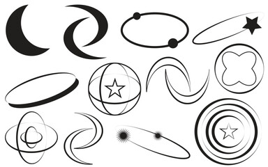 Set of geometric aesthetic abstract line frames and shapes with stars boho, brutalism, Y2K style. Geometric elements with sparkles for template design social media, poster, banner, logo, stickers