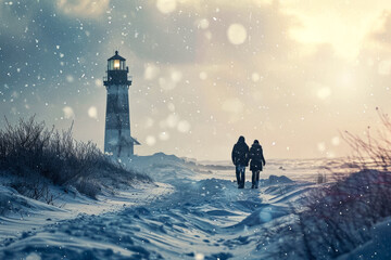 couple taking a romantic walk on a snow-covered beach, with a lighthouse in the background - obrazy, fototapety, plakaty