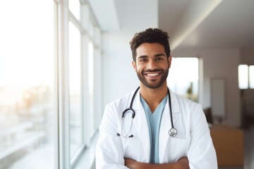 Happy indian man medical assistant in clinic. Nurse in uniform doctor at hospital