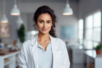 Fototapeta premium Happy indian woman medical assistant in clinic. Nurse in uniform doctor at hospital