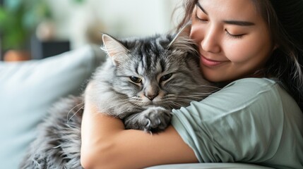 Close up of gentle young asian woman hugging cute grey persian cat on couch in living room at home, Adorable domestic pet concept, with copy space for text. - Powered by Adobe