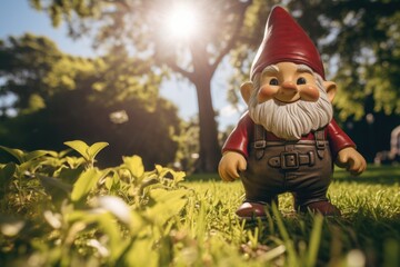 Obraz premium Cute little garden gnome surrounded by flowers and grass against the background of sunlight