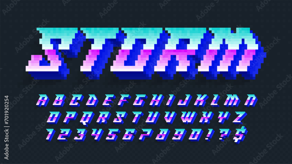 Aufkleber dynamic pixel alphabet design, stylized like in 8-bit games. high contrast and sharp, retro-futurist