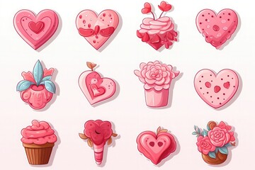 Set of sweet and dessert cake doodle, cake sweet donat cookies and macaron with valentines day doodles illustration on a white background - obrazy, fototapety, plakaty