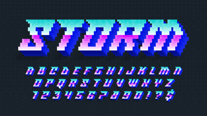 Dynamic pixel alphabet design, stylized like in 8-bit games. High contrast and sharp, retro-futuristic.