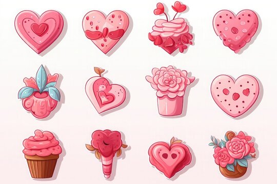 Set of sweet and dessert cake doodle, cake sweet donat cookies and macaron with valentines day doodles illustration on a white background
