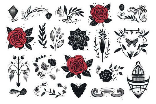Set of colorful rose flower doodles illustration and flower heart with valentines day doodles on a white background