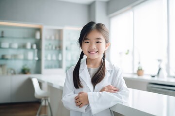Happy asian child girl medical assistant in clinic. Nurse in uniform doctor at hospital