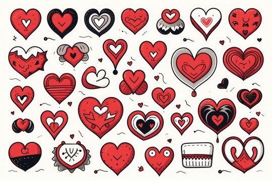Set of Valentines day doodles, Love Heart, Flower, Ice cream sticker illustration on a white background
