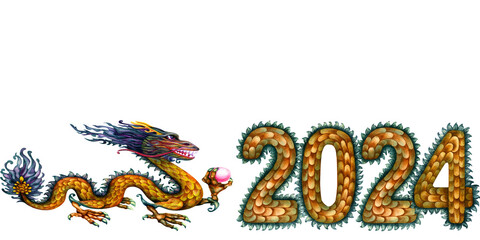 Watercolor border with green wooden dragon with magic pearl and numbers 2024 hand drawn with dragon scale texture. Lunar New Year symbol illustration elements isolated on white background