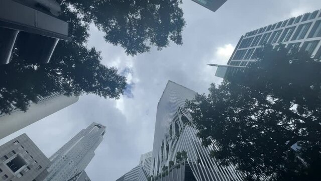 Low angle view on the skyscraper buildings in Singapore downtown