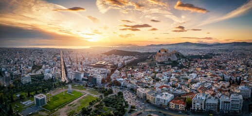 Panoramic aerial view of the urban skyline of Athens, Greece, with Acropolis and Temple of Olympian...