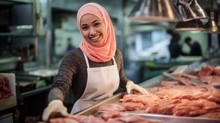 muslim butcher woman at work - obrazy, fototapety, plakaty