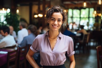 happy woman waiter in restaurant, cafe or bar