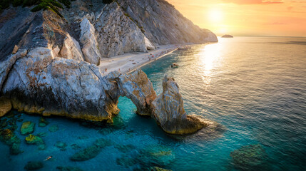 Aerial view of the beautiful Lalaria beach at Skiathos Island, Sporades, Greece, during golden...