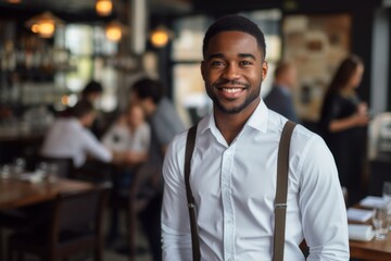 Fototapeta premium happy african american man waiter in restaurant, cafe or bar