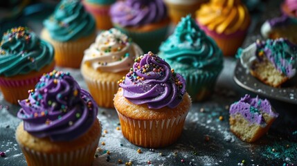 Fototapeta na wymiar Mardi Gras themed cupcakes, sweet treats, colorful cupcakes, festive baking, carnival sweets