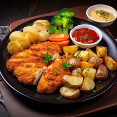 Fried chicken fillet, boiled potatoes and vegetables, AI generator