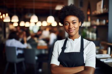 happy african american woman waiter in restaurant, cafe or bar - obrazy, fototapety, plakaty