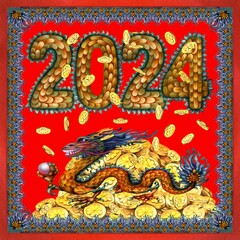 Watercolor green wooden dragon with magic pearl, gold coins with clover and numbers 2024 hand drawn with dragon scale texture. Lunar New Year symbol illustration elements isolated on red background