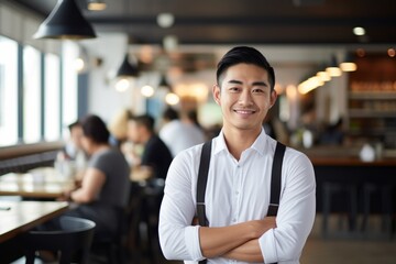 happy asian man waiter in restaurant, cafe or bar