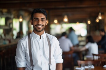 Fototapeta premium happy indian man waiter in restaurant, cafe or bar