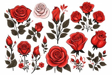 Set of colorful rose flower doodles illustration and flower heart with valentines day doodles on a white background
