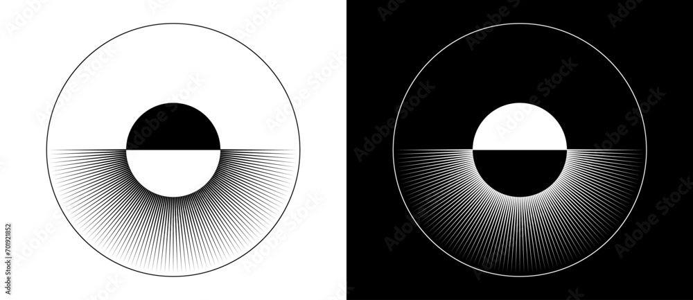 Poster art sun concept background. tattoo template or logo with lines. black shape on a white background an