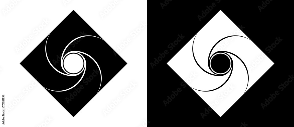 Poster Abstract rhombus with swirl art lines and circle inside. A black figure on a white background and an equally white figure on the black side.