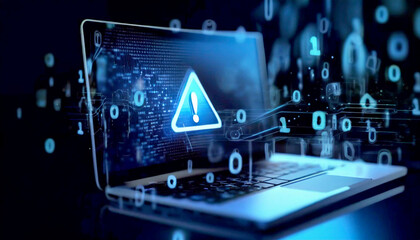 System hacked warning alert on laptop computer. Cyber attack on computer network, virus, spyware, malware or malicious software. Cyber security and cybercrime concept. System security technology, gene