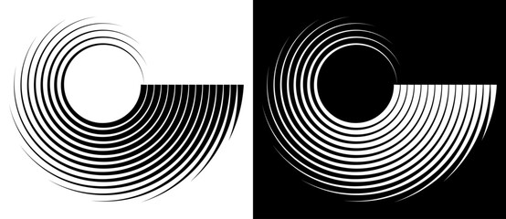 Abstract background with lines in circle. Art design spiral as logo or icon. A black figure on a white background and an equally white figure on the black side. - obrazy, fototapety, plakaty