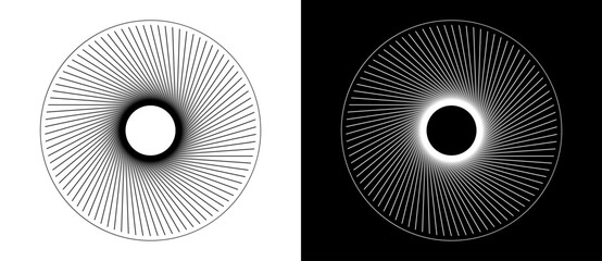 Art sun concept background. Tattoo template or logo with lines. Black shape on a white background and the same white shape on the black side.