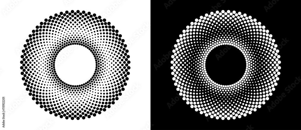 Poster abstract background with halftone dots in circle. art design circle as logo or icon. a black figure 