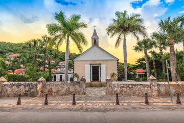 Anglican church in Gustavia, Saint Barthelemy at sunset. - obrazy, fototapety, plakaty