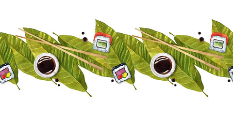 Seamless pattern roll, maki sushi and soy sauce. Horizontal border. Seamless pattern for restaurant menu design. Watercolor illustration on isolated background © XeniaDenisova