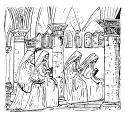 Illustration of four seated Catholic nuns in contemplative evening prayer (vespers) in convent chapel, black and white hand drawn illustration