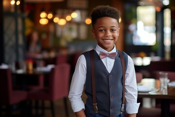 Fototapeta premium happy african american child boy waiter in restaurant, cafe or bar