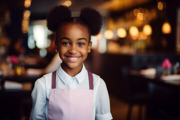 Fototapeta premium happy african american child girl waiter in restaurant, cafe or bar