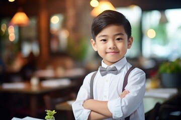 happy asian child boy waiter in restaurant, cafe or bar