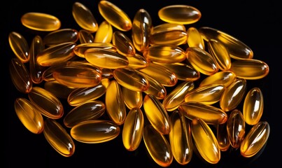 Top view of golden fish oil capsules on black background in dark, panoramic shot, AI generator