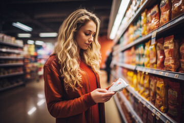 A health conscious woman examining a food product label for nutrition facts in the isle of a grocery supermarket.