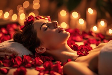 Romantic Petal Spa: A Woman Enjoys Valentine's Day Pampering at the Spa - Love, Romance, and Relaxation Unite in a Special Moment Surrounded by Rose Petals.




 - obrazy, fototapety, plakaty