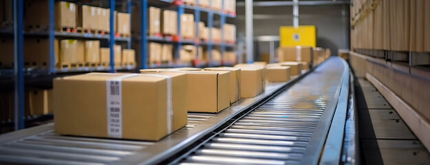 Logistics Efficiency: Parcels on Conveyor Belt in Warehouse. Boxes glide along a conveyor belt, symbolizing the streamlined process of modern logistics - obrazy, fototapety, plakaty