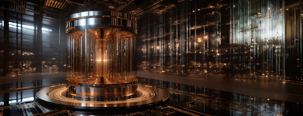 Quantum Computing Core in a High-Tech Facility. Futuristic quantum computer core glowing within a sophisticated high-tech environment