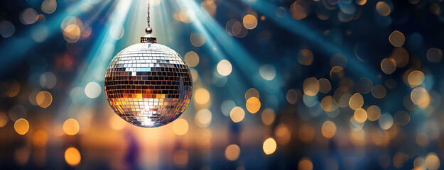 Disco Ball Emitting Rays of Light in a Party Atmosphere. A glittering disco ball radiating beams of light in a dark room with a celebratory vibe - obrazy, fototapety, plakaty