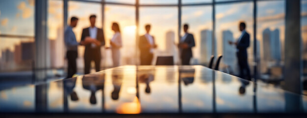 Business Team Meeting in a Modern Office at Sunset. Blurred silhouette of a business team having a meeting in a modern office with city skyline
