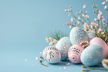 Easter background with pastel colored Easter eggs and spring flowers, on pastel blue background, with copy-space for text or background