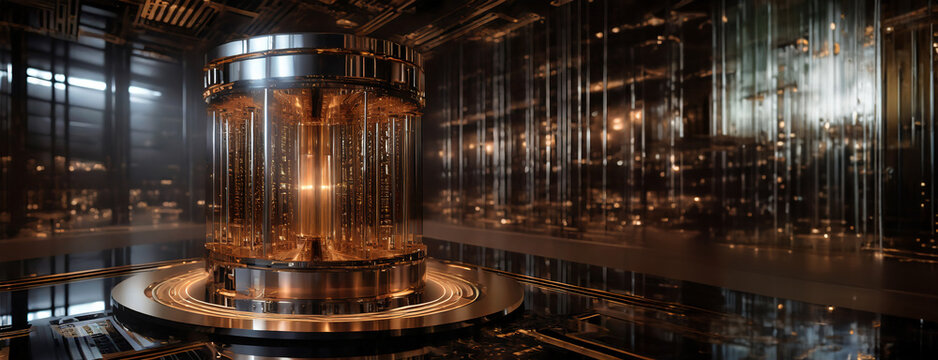 Quantum Computing Core in a High-Tech Facility. Futuristic quantum computer core glowing within a sophisticated high-tech environment