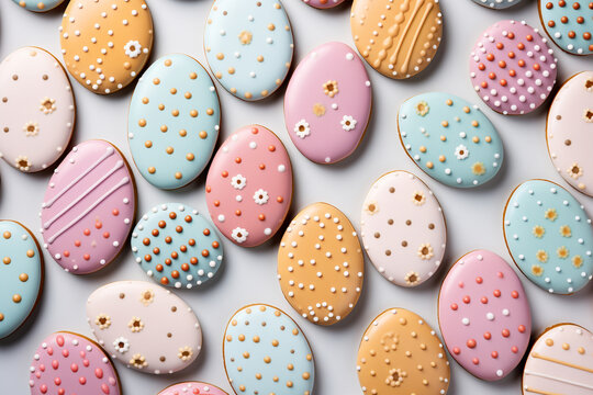 Egg-shaped cookies are covered with multi-colored glaze with a pattern on white background. Mockup for congratulations, flat lay